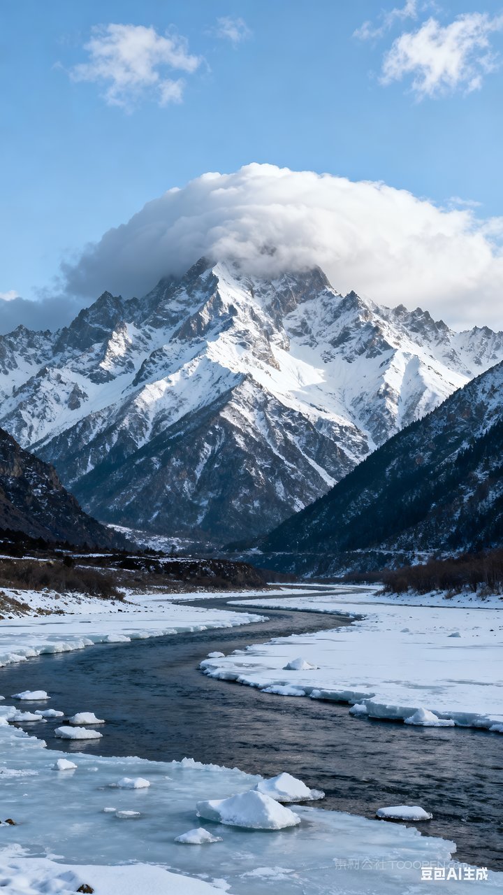 河流唯美雪景冬天冬季山水风景雪山山峰