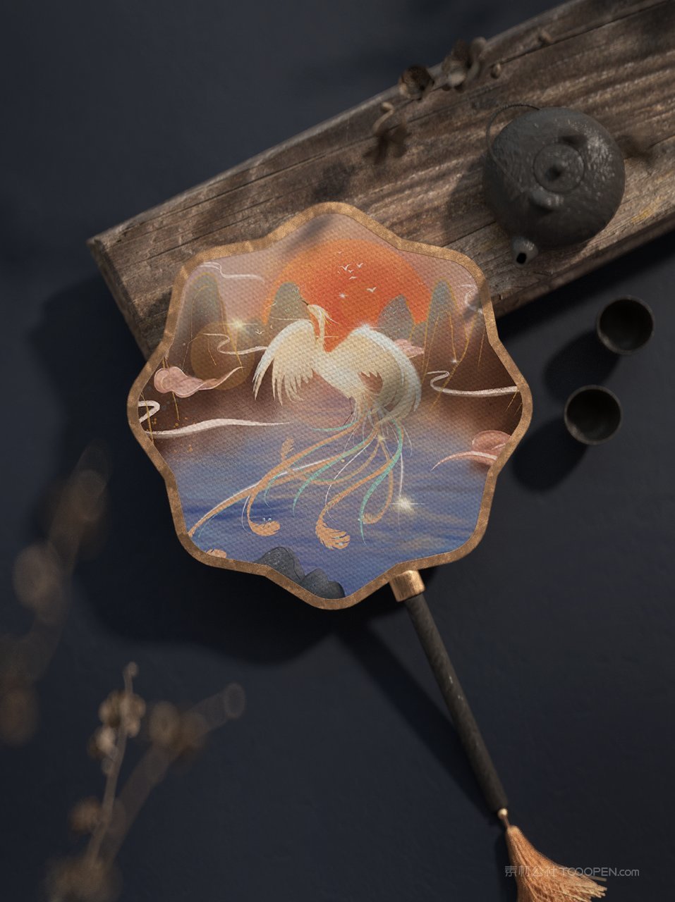 中国红国潮仙鹤扇子元素样机