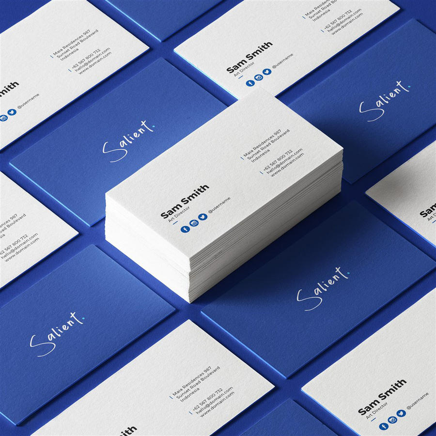 蓝色简约名片正反面贴图样机