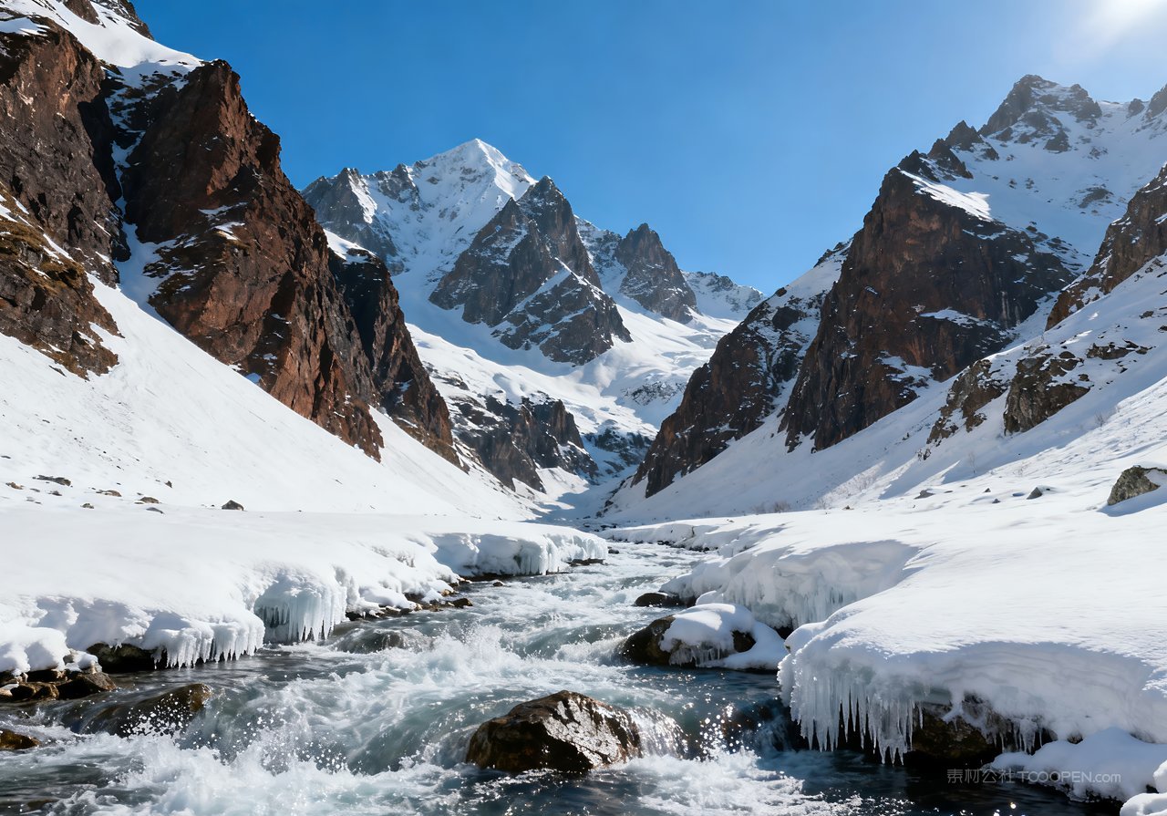 冬天河流雪景冬季自然风景山峰唯美山水