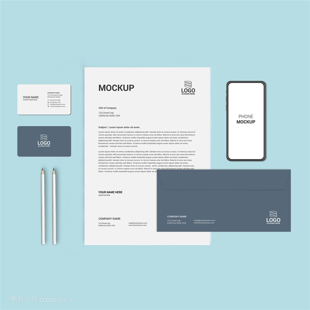 灰色企业办公用品vi手机名片文档贴图样机