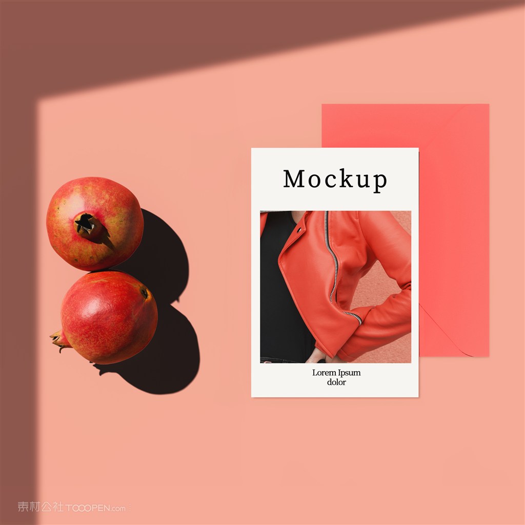 橘色背景有石榴和阴影的卡片贴图样机