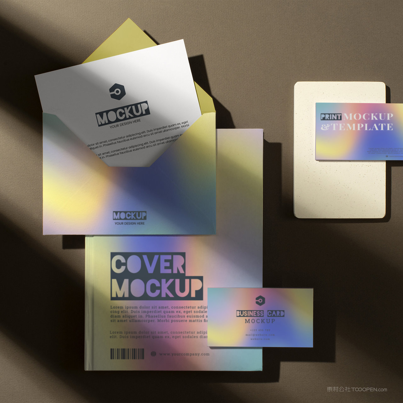 绚丽多彩的时尚vi名片信封信纸画册贴图样机