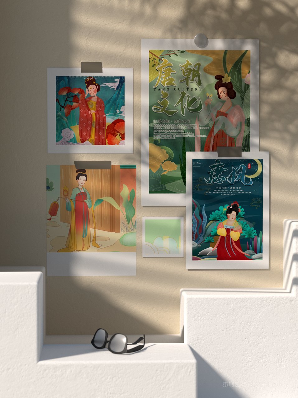 中国红国潮名信片墙面装饰图样样机