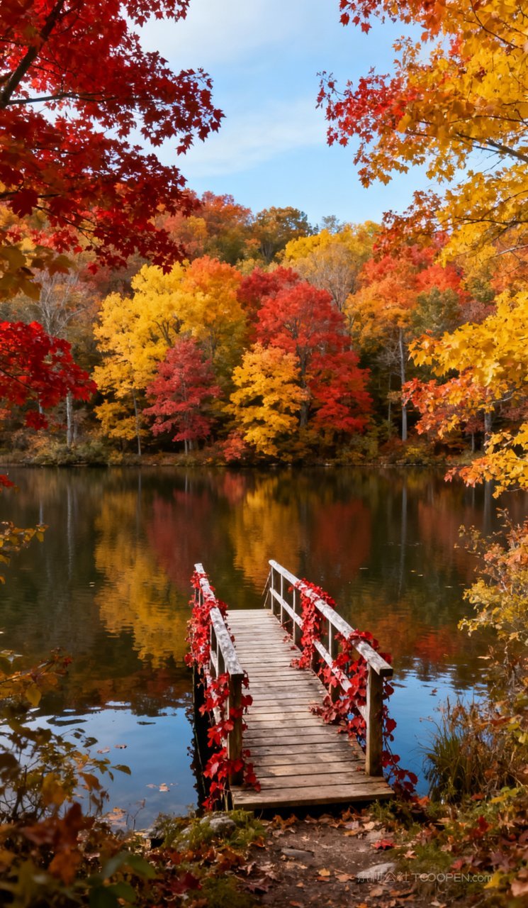 山峰风景秋季唯美树木山水湖泊秋天天空