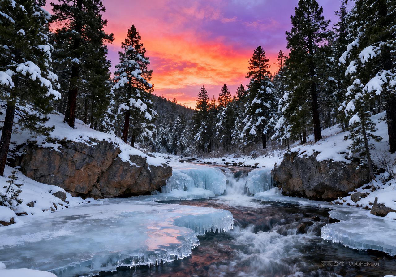 冬季雪景山峰冬天唯美河流风景山水