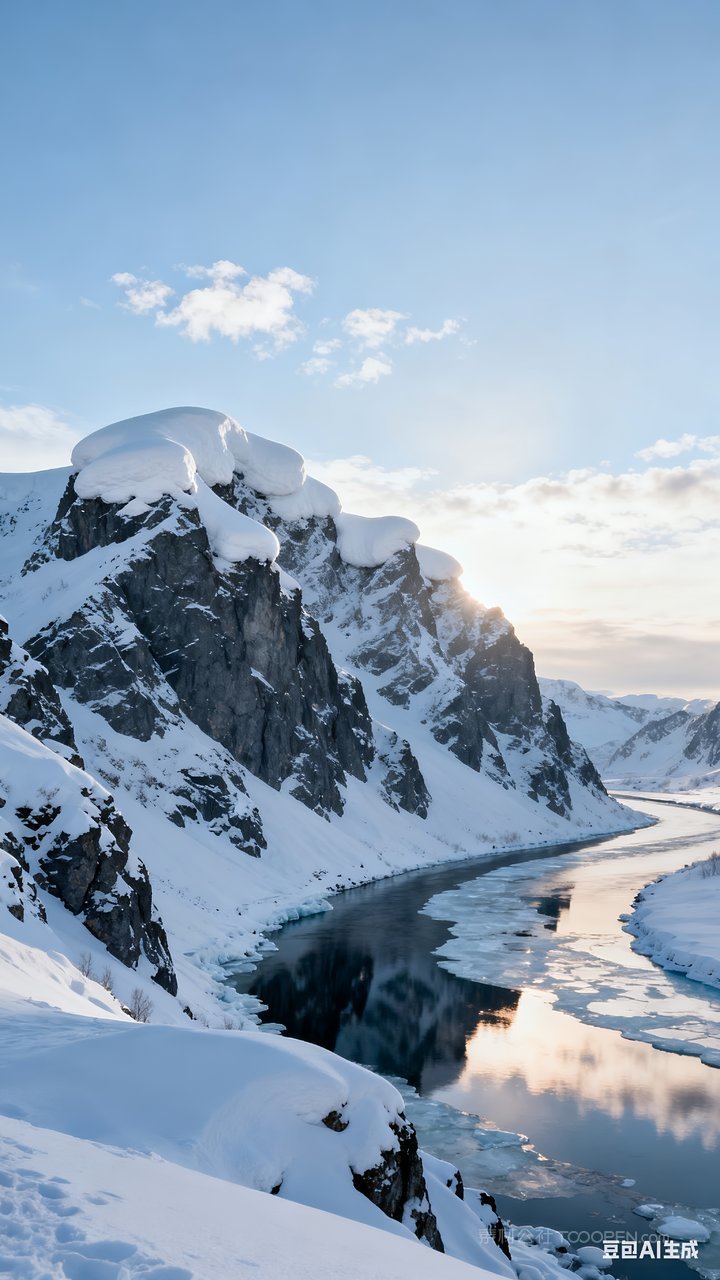 唯美冬季风景雪山冬天山水河流山峰雪景