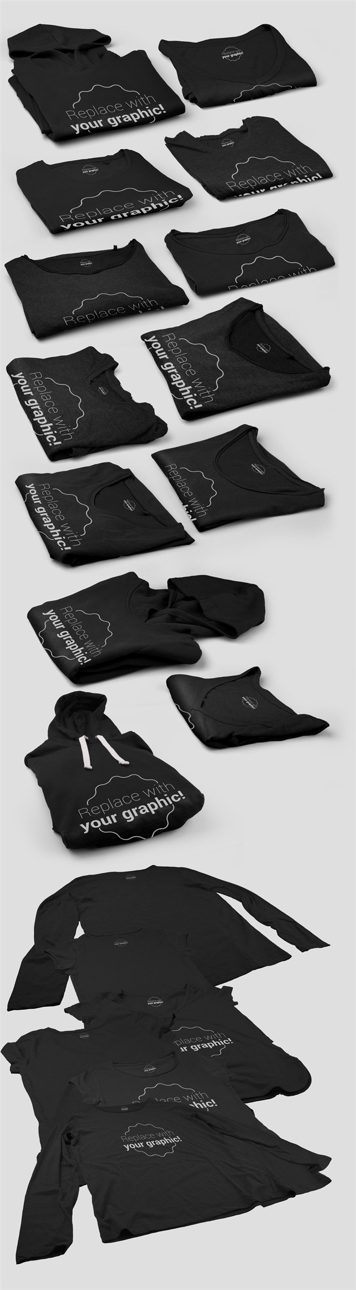 各种角度圆领带帽黑色T恤样机