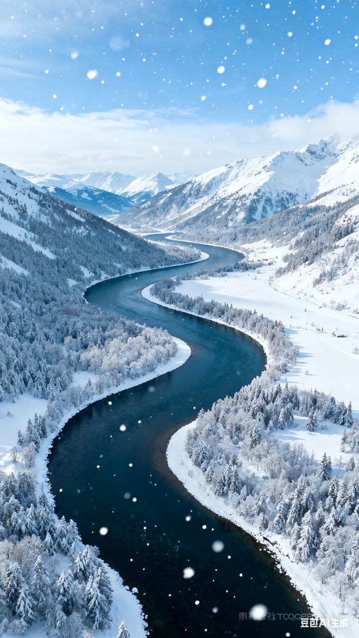 山峰山水冬天雪景唯美风景冬季河流