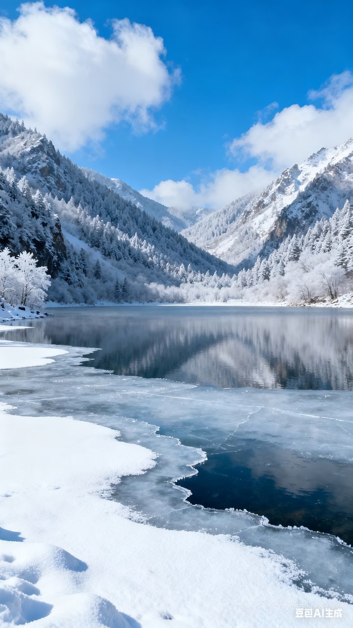 山水雪景山峰唯美雪山冬天冬季风景河流