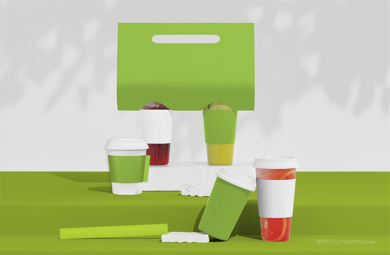 绿色四杯奶茶咖啡饮料餐饮品牌vi包装样机