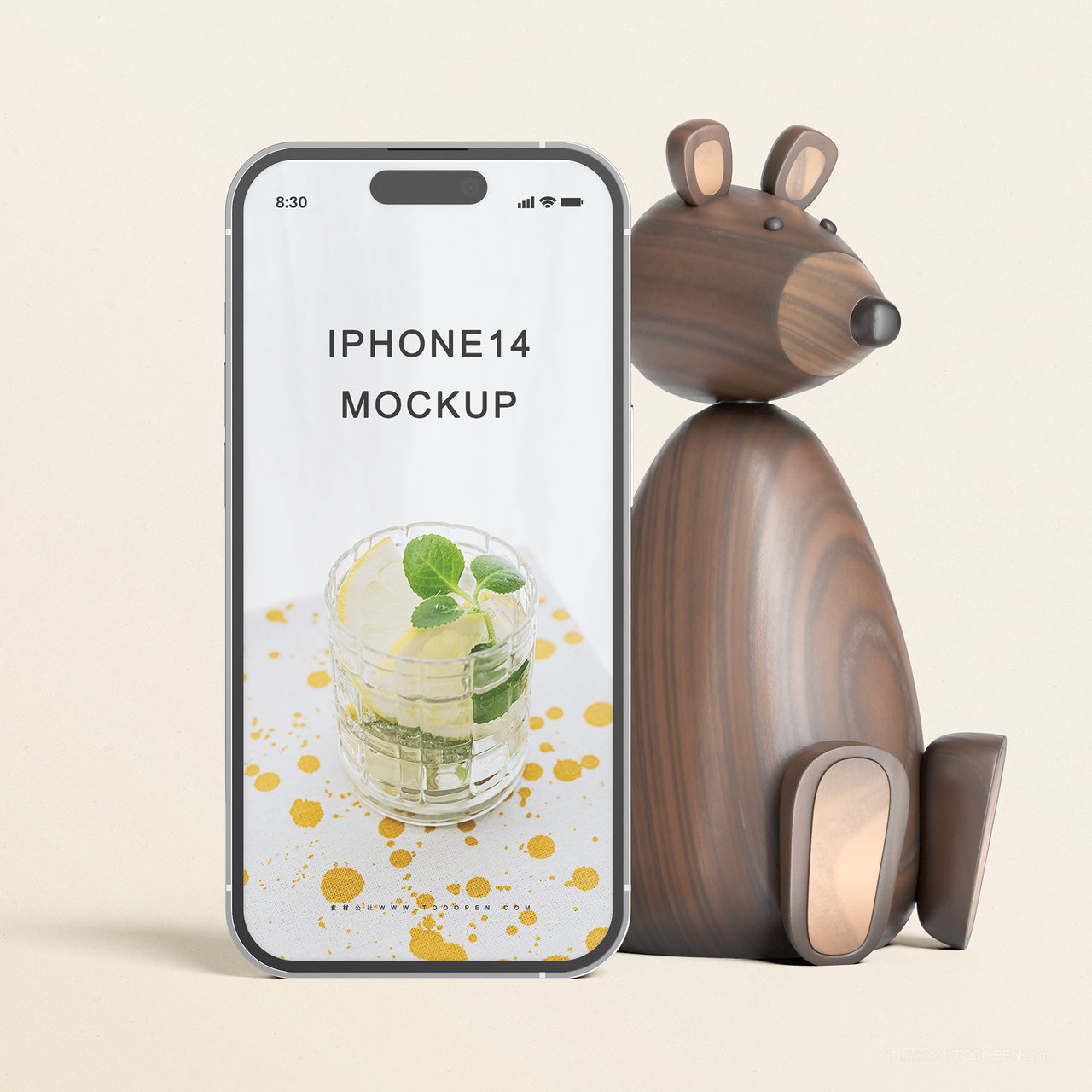 木玩偶旁边的手机iPhone14贴图样机