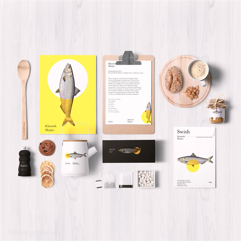 鱼类海鲜餐饮白色茶壶茶包档案袋玻璃瓶宣传页画板夹包装盒样机