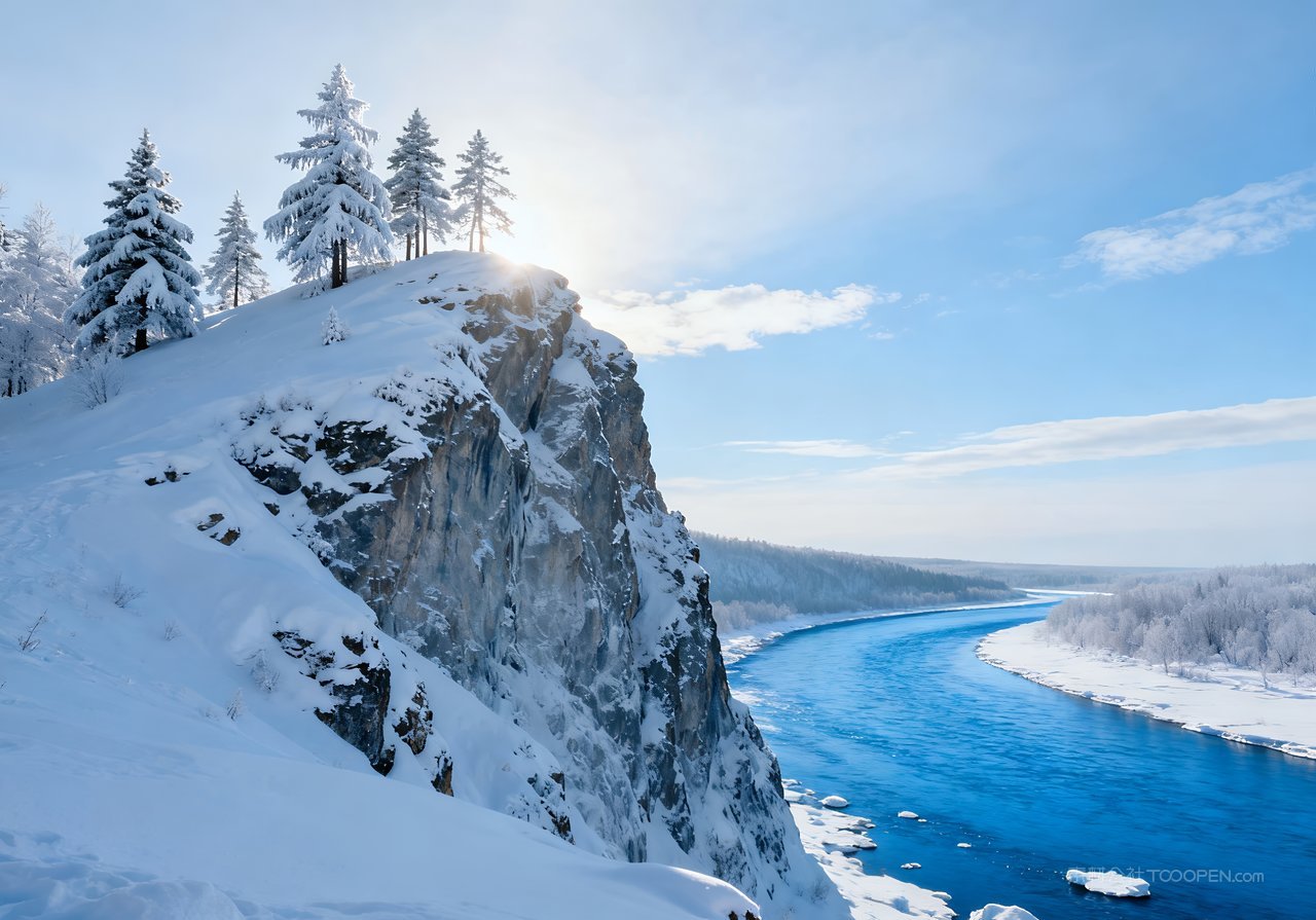 冬天河流雪景山峰山水风景唯美冬季