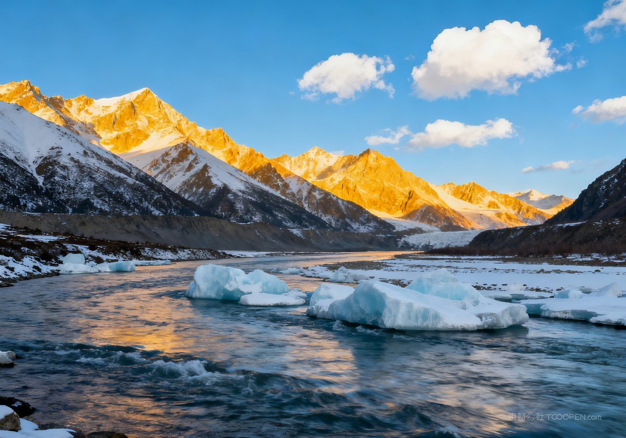 山水冬季唯美风景雪景山峰河流冬天