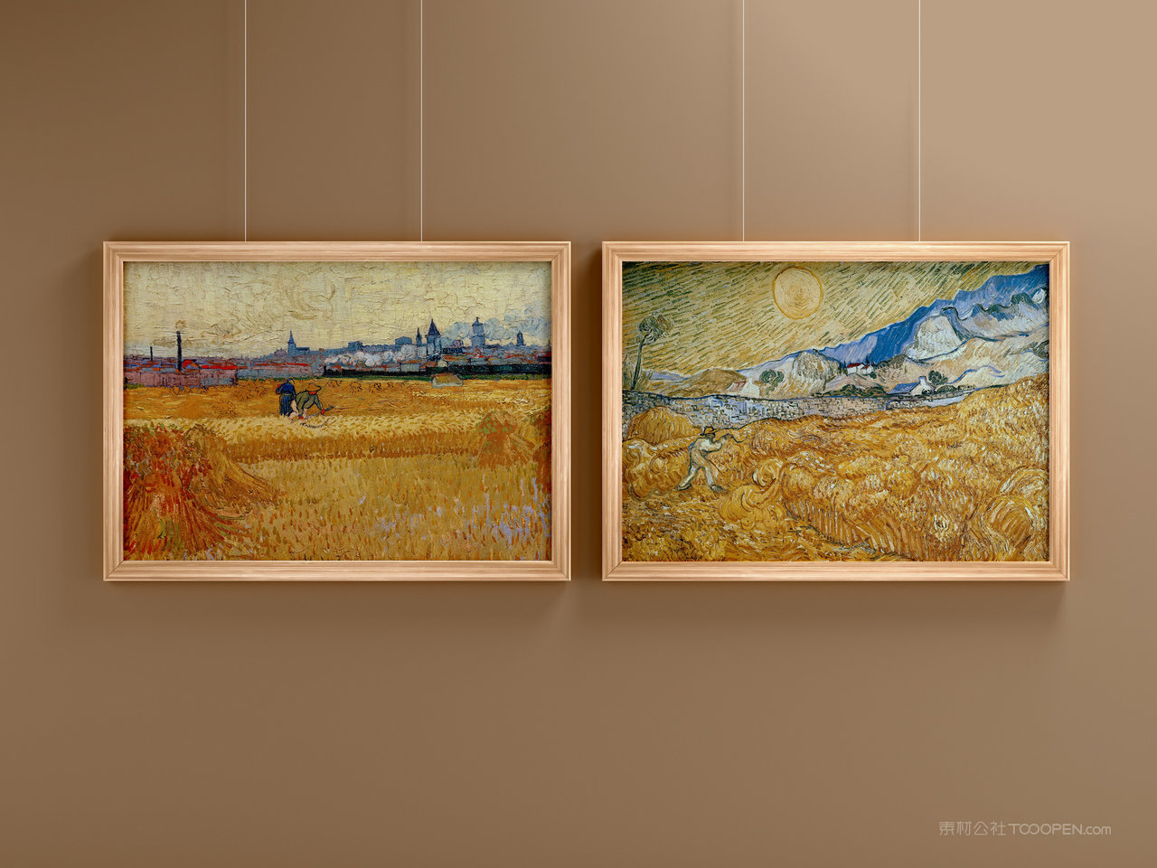 美术艺术展览馆横式木纹相框海报样机