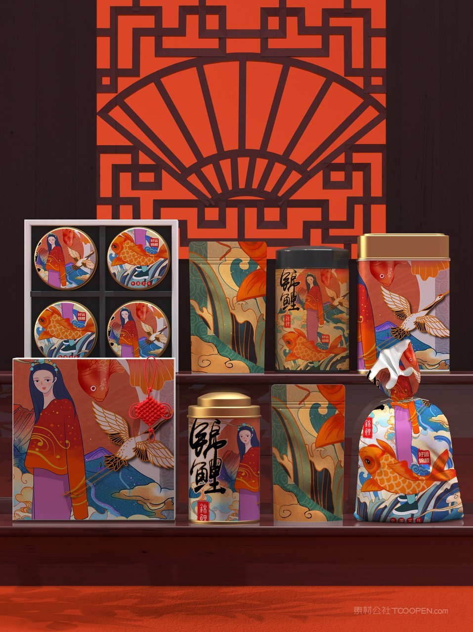 中国红国潮文创贺岁年货包装红色礼盒样机