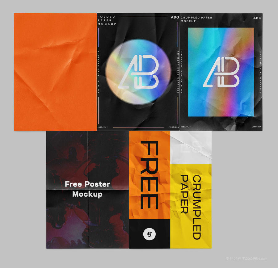 五种复古潮流折痕皱纸海报展示样机