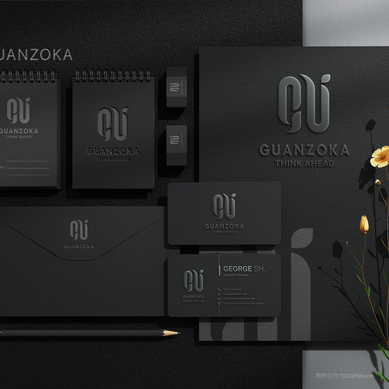 有黄色小花的黑色vi样机模板