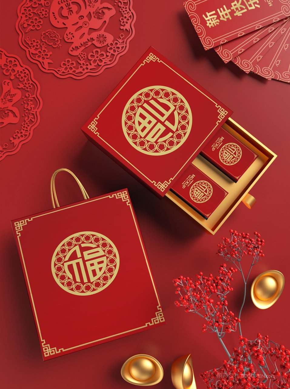 中国红国潮文创年货精品礼盒样机