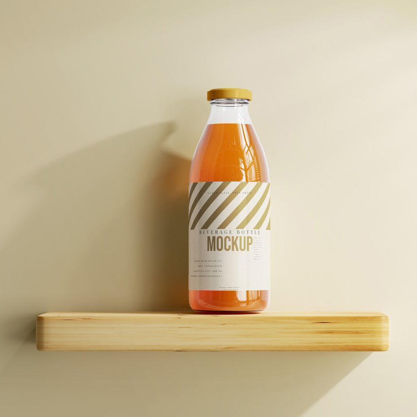 架子上的汽水果汁透明瓶子样机