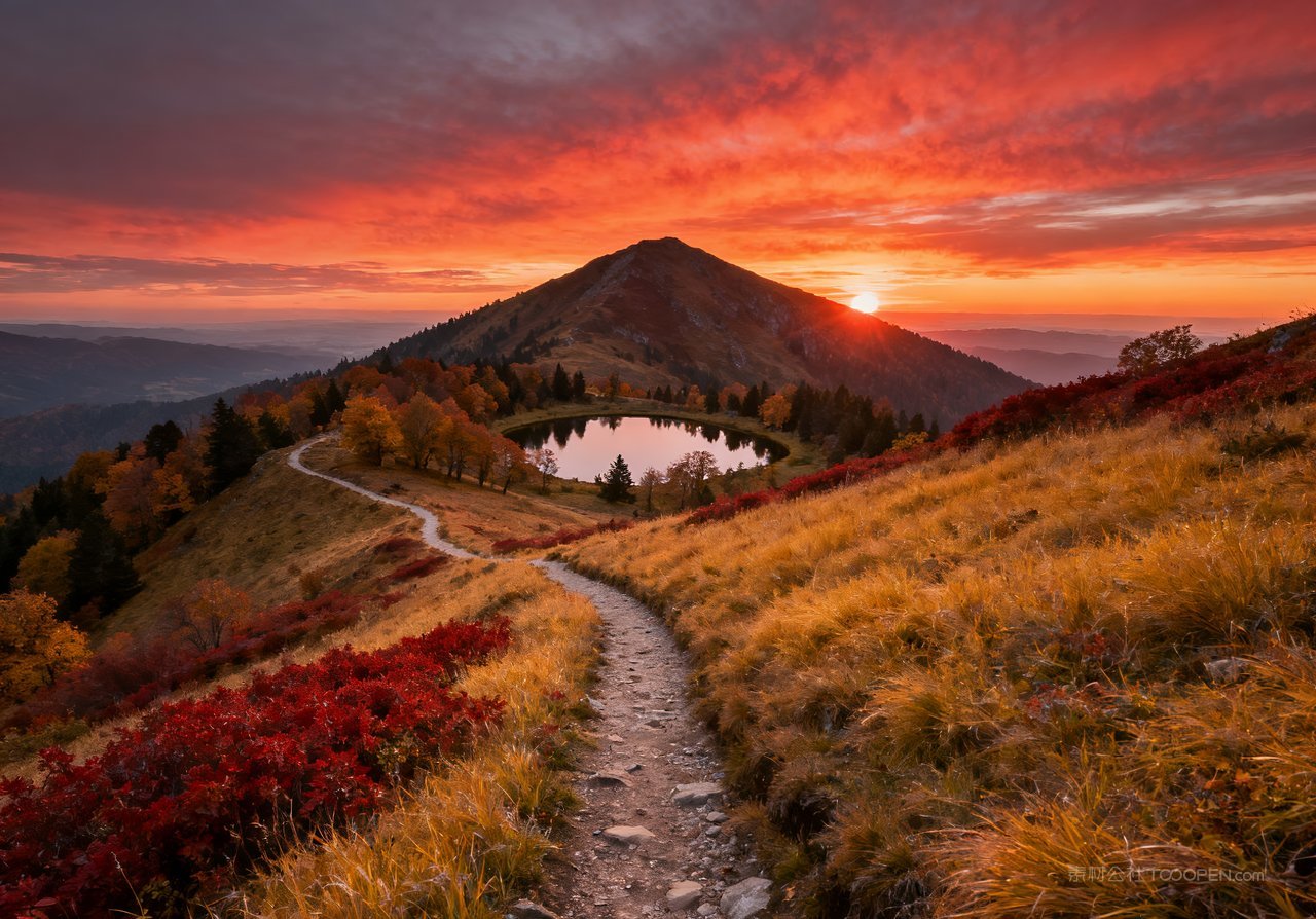 秋季山峰青山湖泊山水唯美意境天空