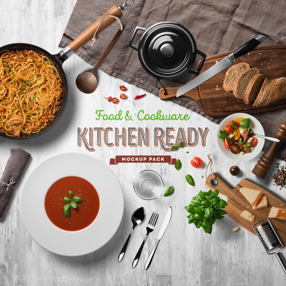 披萨番茄酱植物沙拉面包片砂锅食材食物餐饮场景样机素材