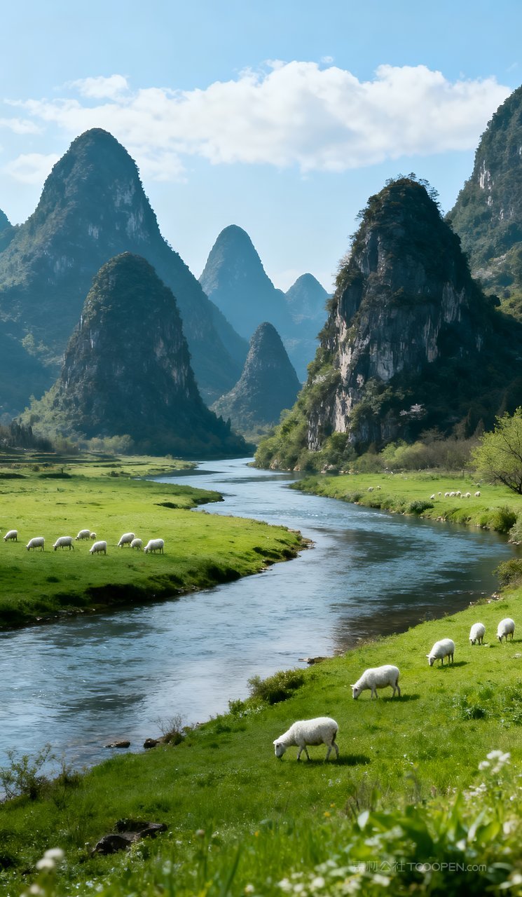 春天意境山峰自然风景河流山水天空唯美