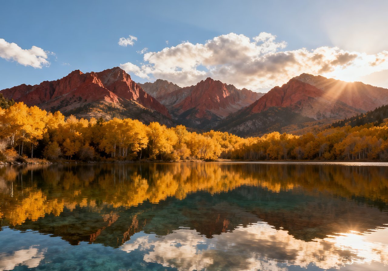 山峰湖泊意境山水秋天唯美天空