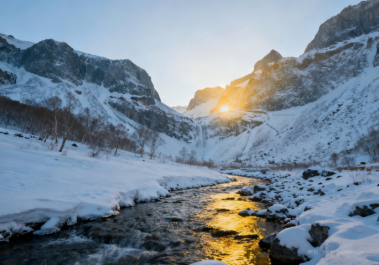 山峰冬季河流风景唯美山水自然冬天雪景