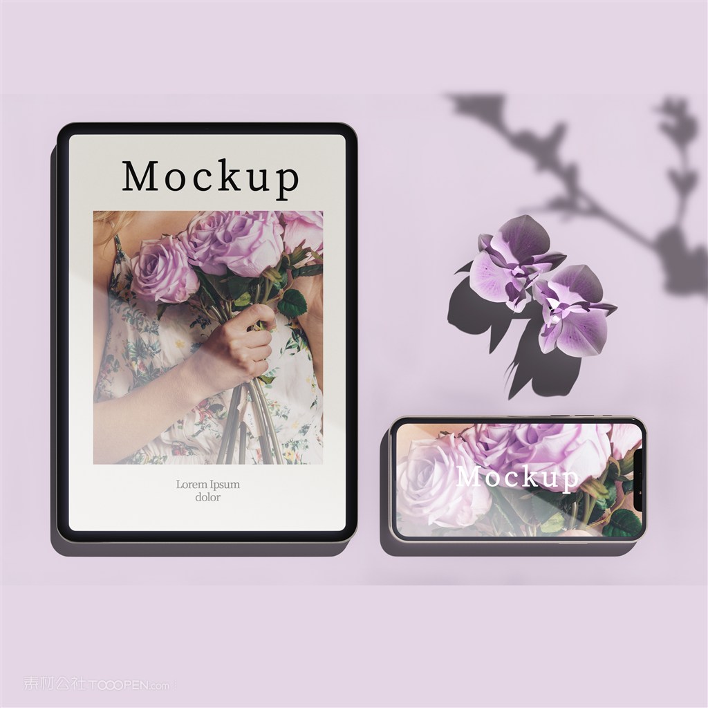 有鲜花和阴影的平板电脑手机贴图样机