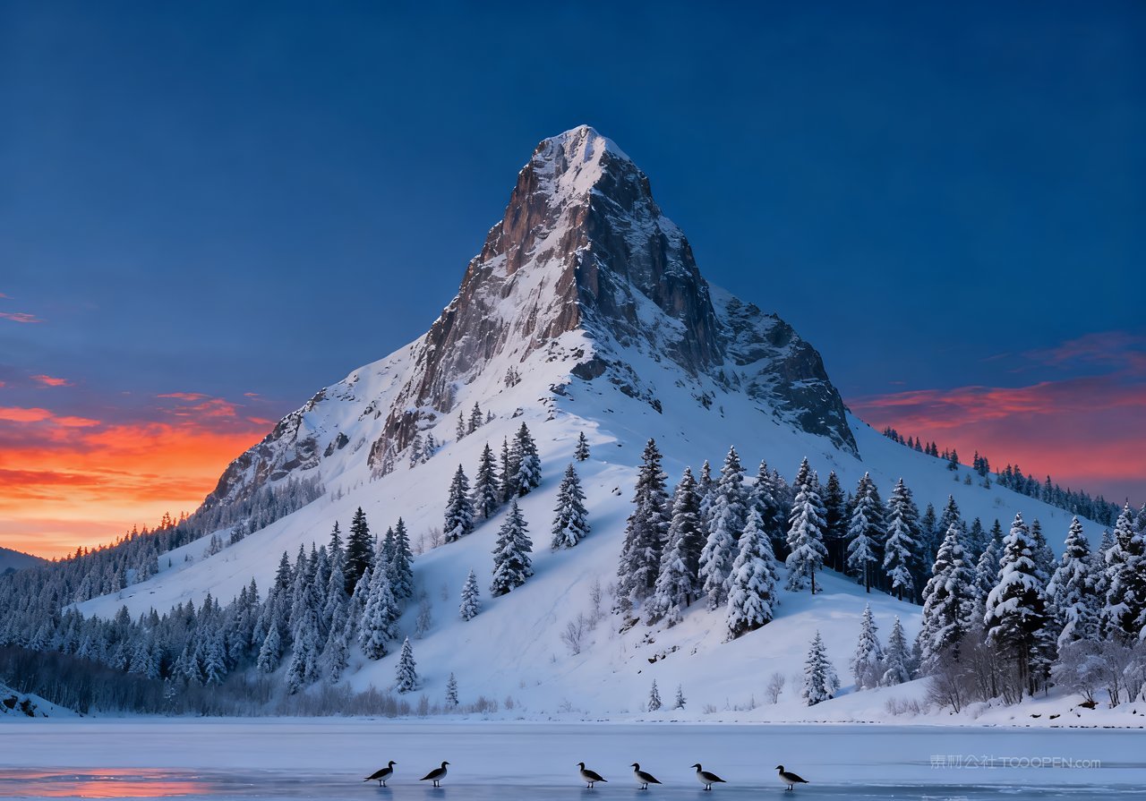 冬天唯美雪景河流山水风景自然冬季山峰