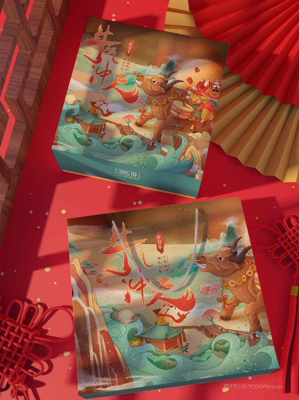 中国红国潮牛文创贺岁年货礼盒样机