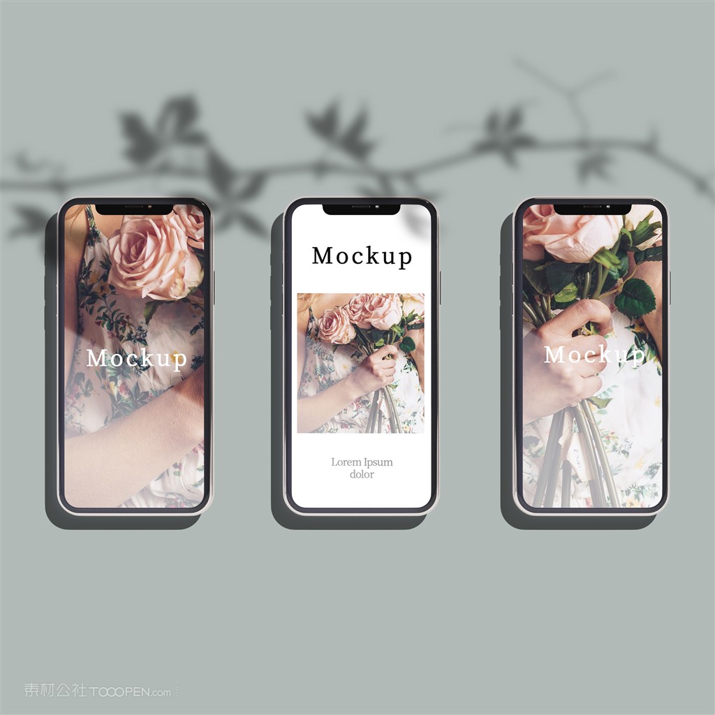 有照片和阴影的3部手机贴图样机