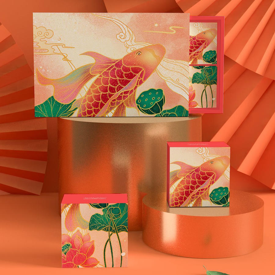 锦鲤桔色中秋月饼礼品盒精美ps样机