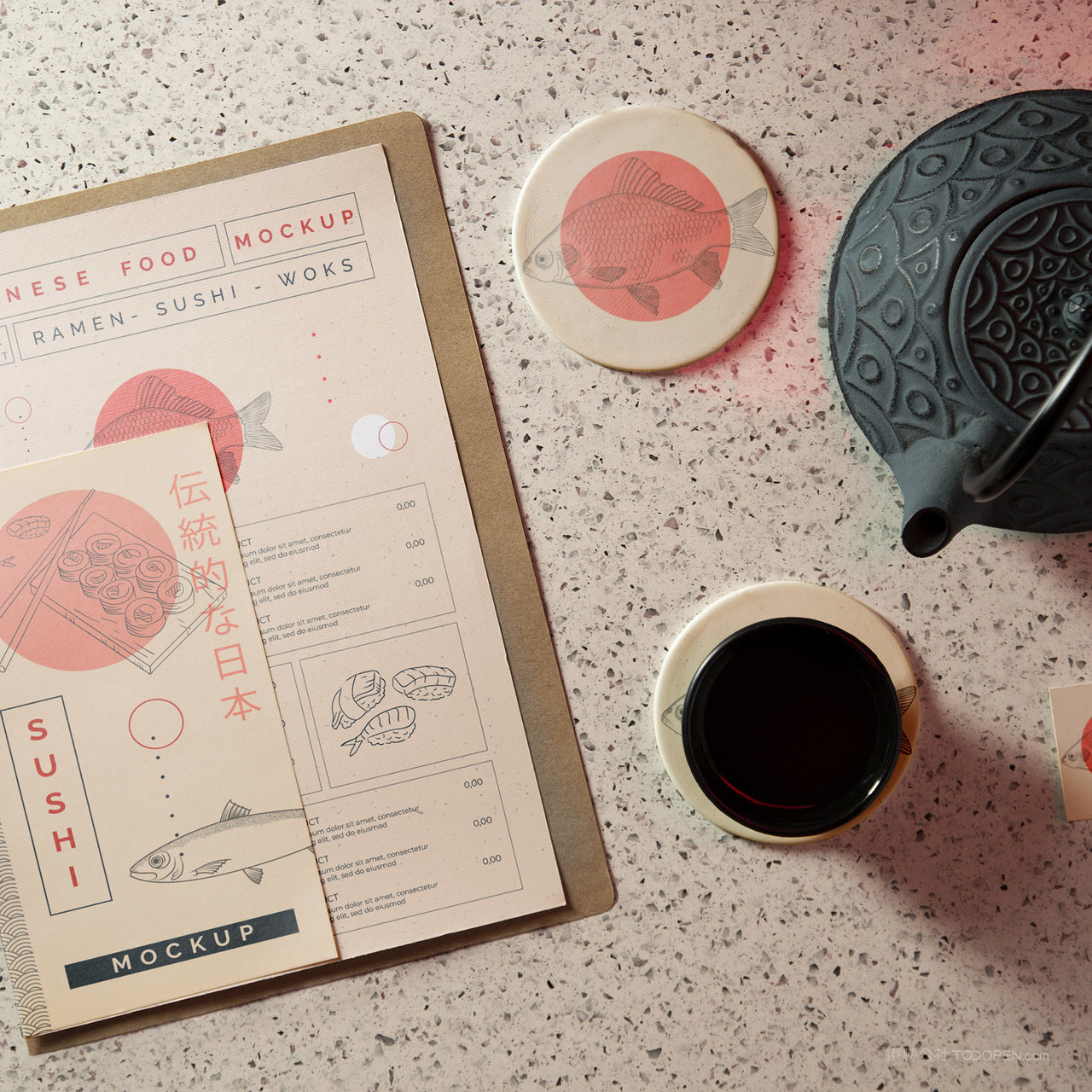 日式餐饮品牌vi菜单名片杯垫贴图样机