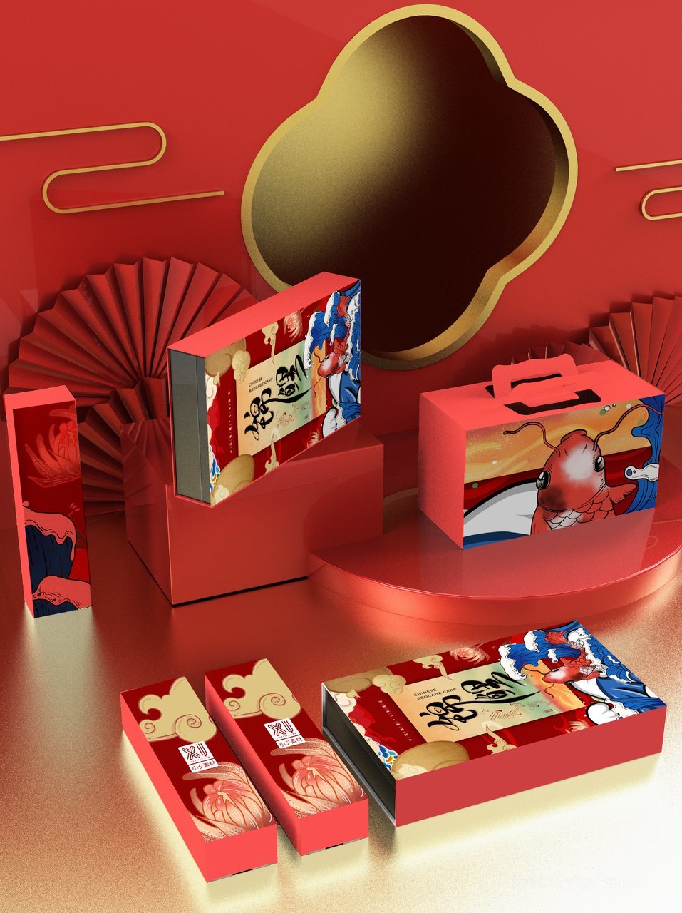 中国红贺岁年货红色礼盒样机