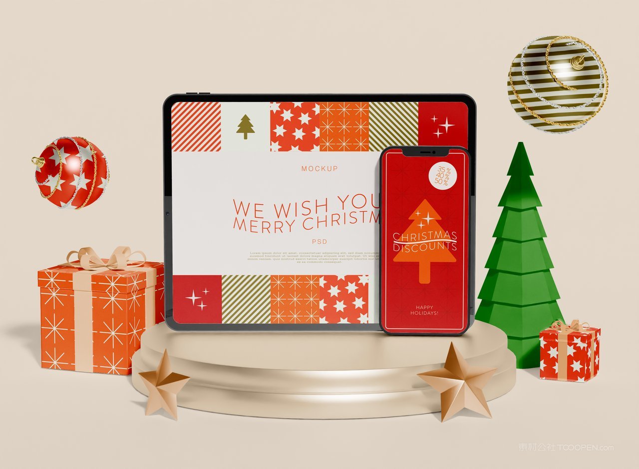 手机与圣诞元素样机