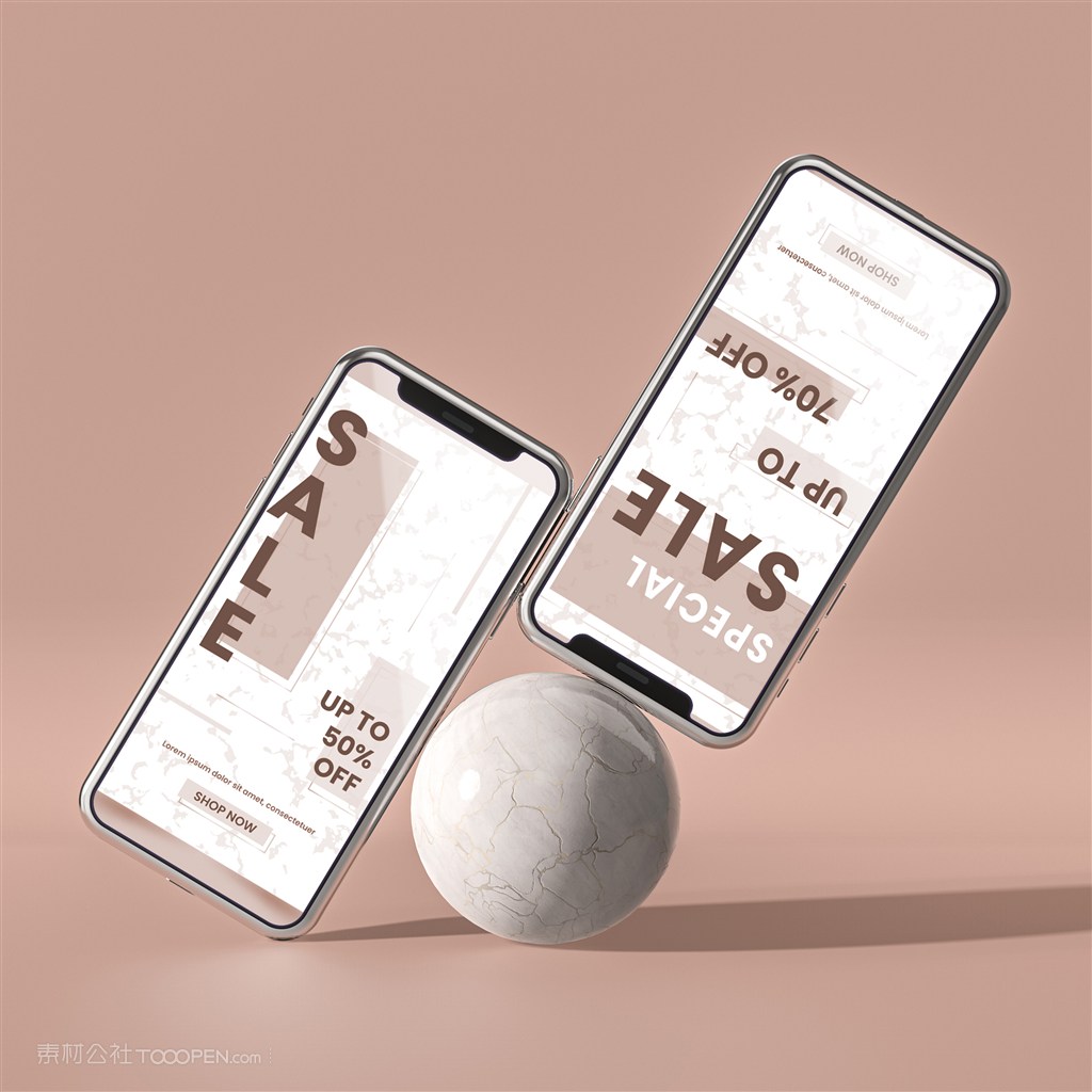 圆球上倾斜的手机贴图样机