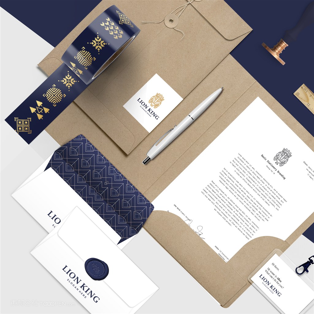 蓝色办公用品vi牛皮纸文件夹胶带信封工作证贴图样机