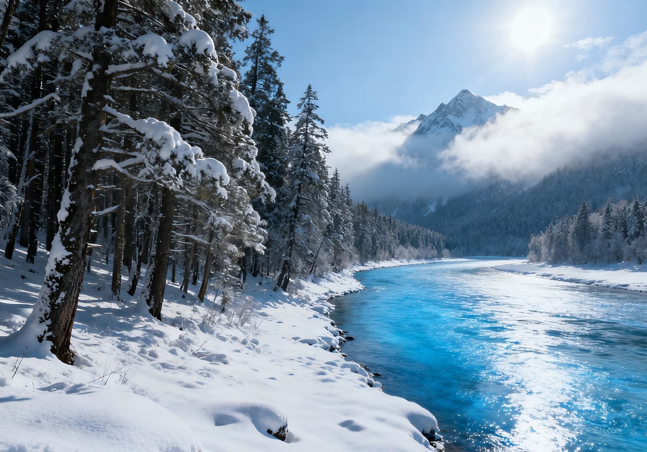 冬季雪景山水山峰唯美自然河流冬天风景