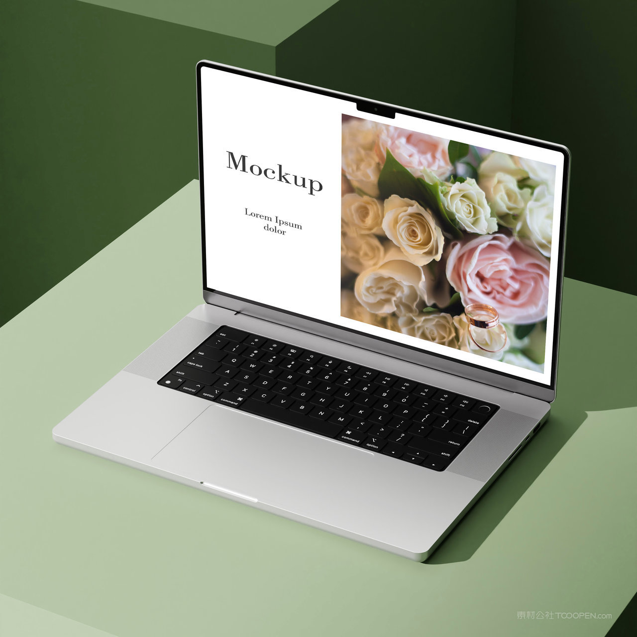 绿色展示台上的笔记本电脑贴图样机