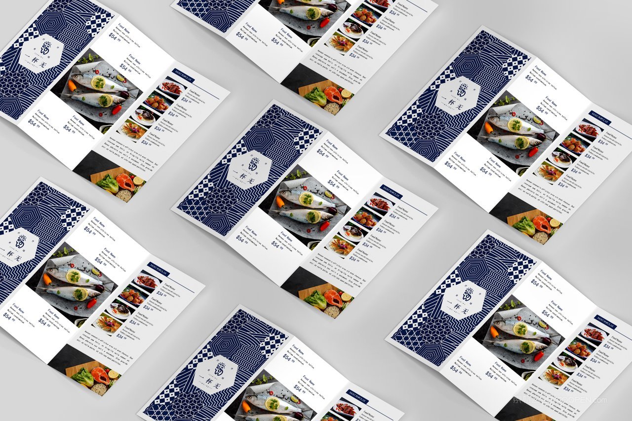 日系品牌餐厅三折页餐饮贴图样机 (1)