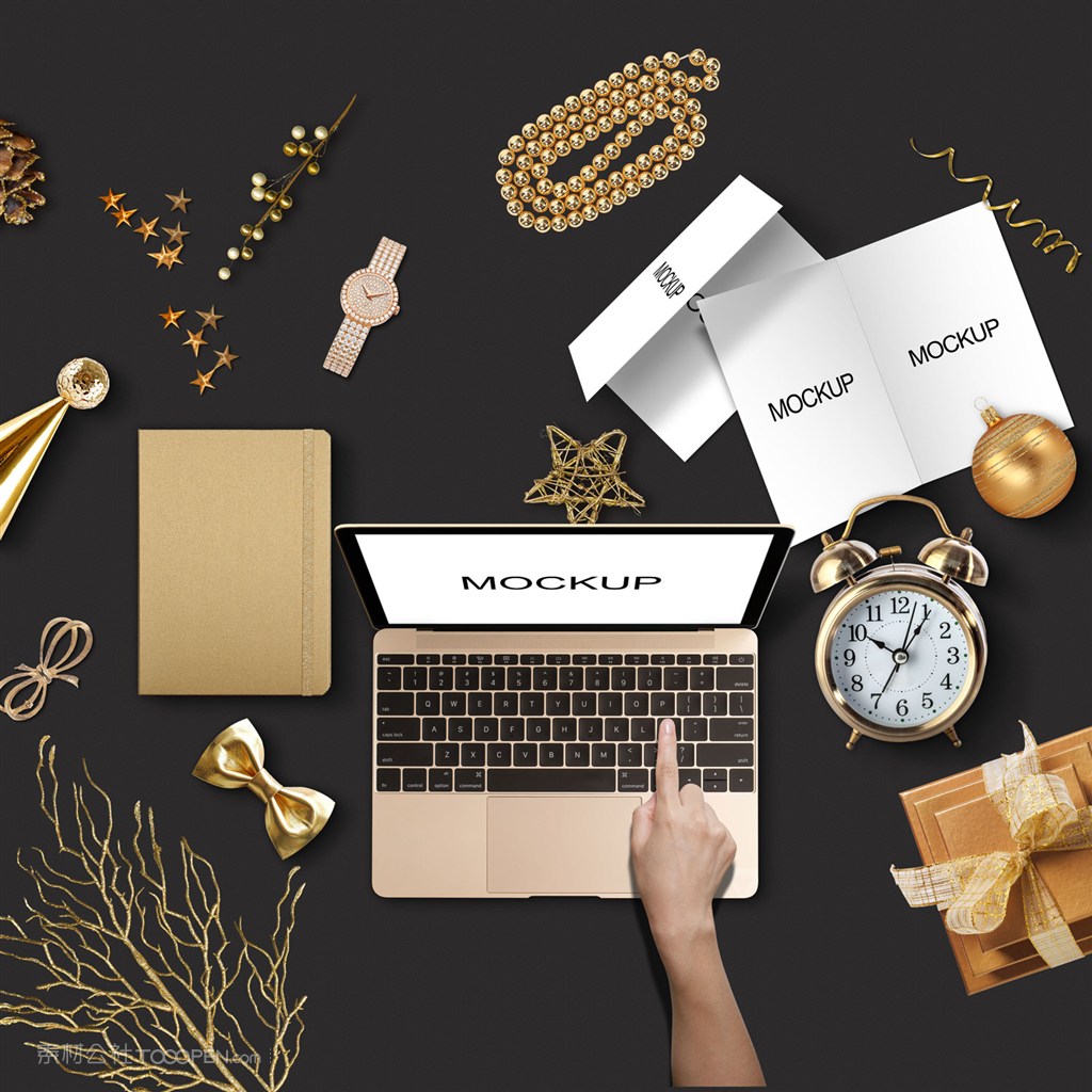 金色礼盒树枝项链折页贺卡笔记本电脑闹钟场景样机