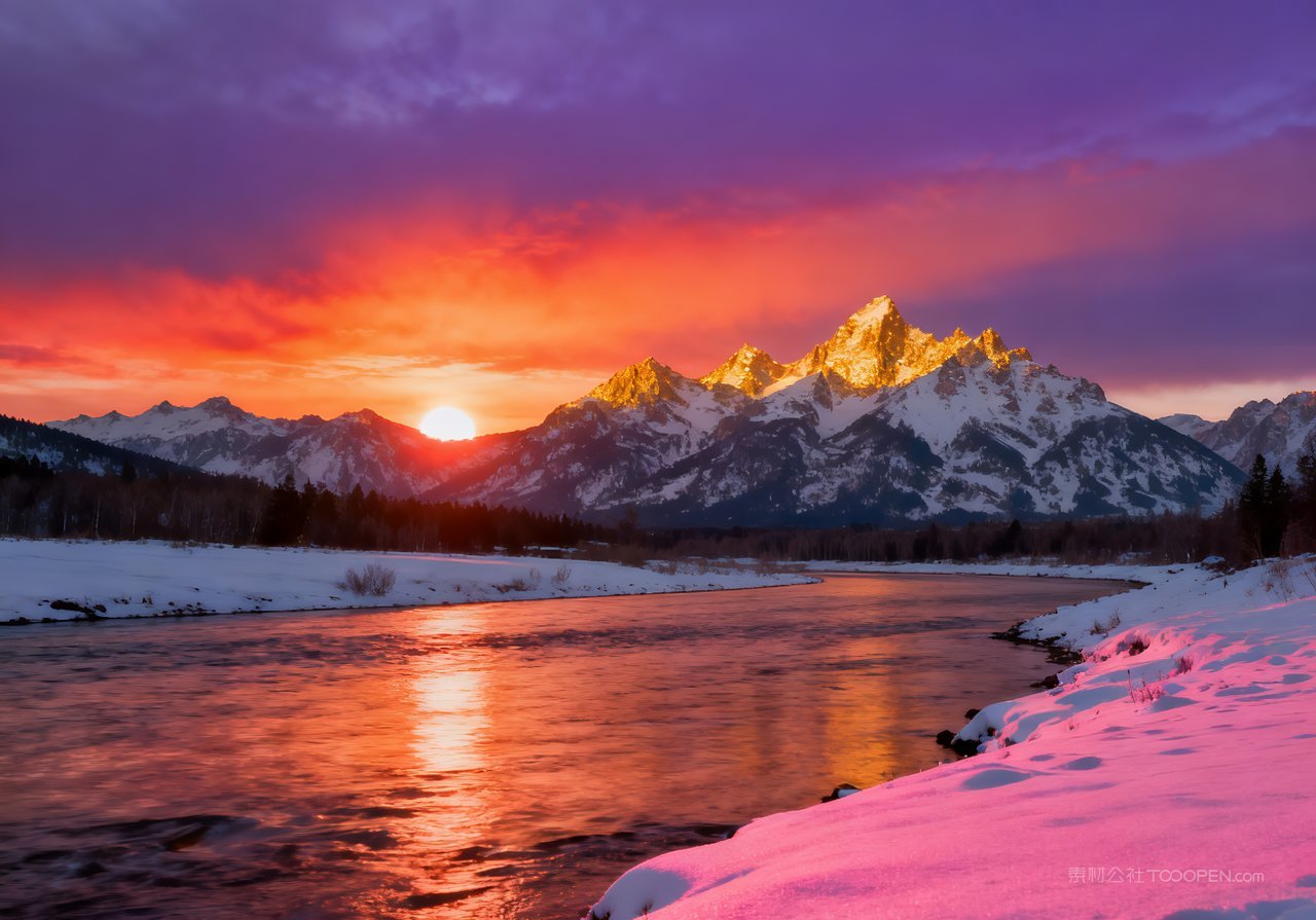 风景自然唯美冬天山水冬季河流山峰雪景