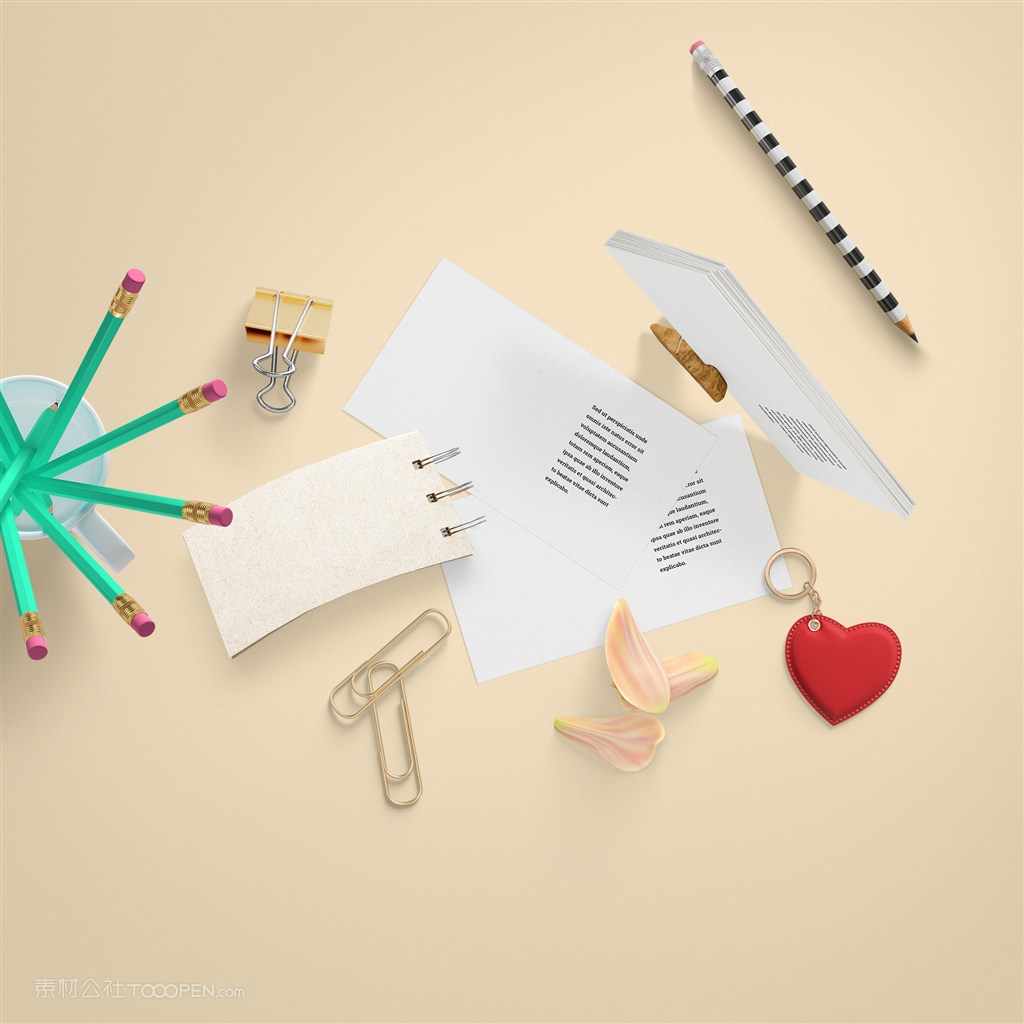 名片卡片笔记本燕尾夹曲别针花瓣铅笔挂件场景样机