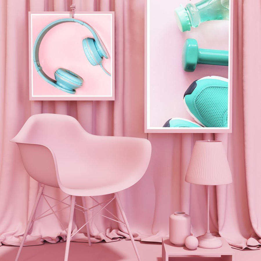 ins风粉色室内空间场景海报相框样机 (5)