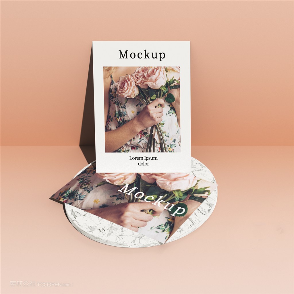 大理石圆盘上带照片和阴影的卡片贴图样机