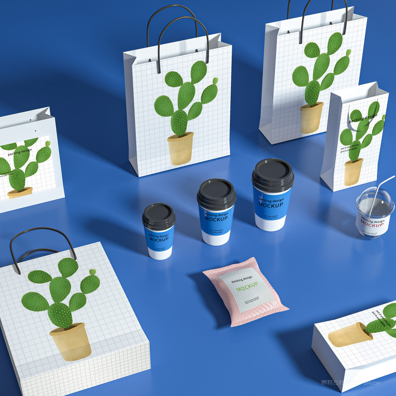 蓝色背景手提袋纸杯贴图样机