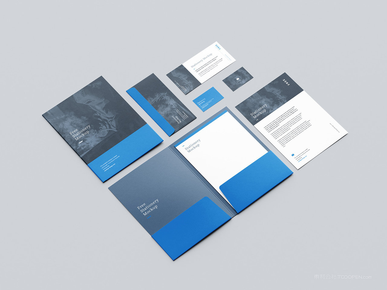 整齐的A4文件袋封面和信封名片VI样机素材